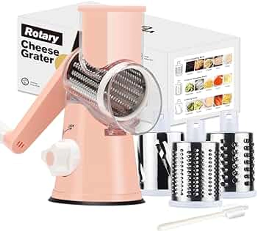 Cambom Rotary Cheese Grater Hand Crank Cheese Shredder for Fresh Cheese, Vegetable, Nuts,Non-slip Suction Base, Free Cleaning Brush Three Blades, Pink