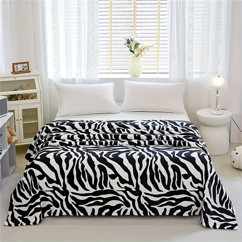 1pc Flannel Zebra Blanket, Super Soft Cozy Plush Blanket, Lightweight Microfiber Throw Blanket Air Conditioning Blanket For Sofa Bed, Birthday *