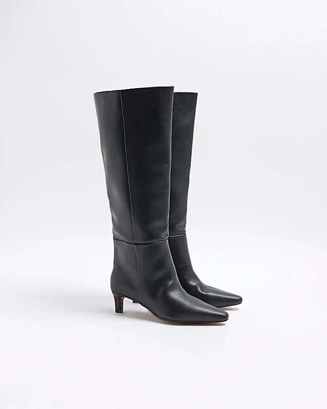 Black Wide Fit Knee High Heel Boots | River Island