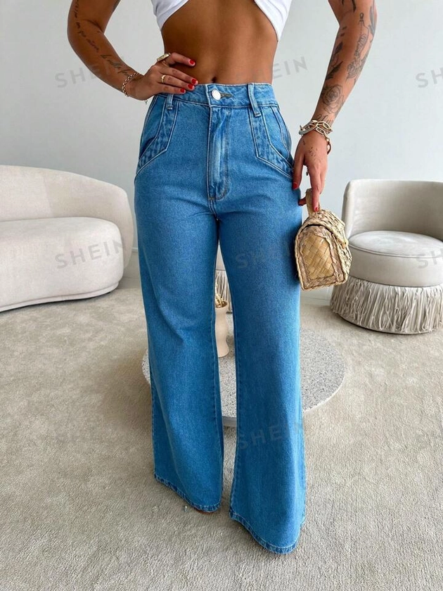 Calça Jeans Feminina Pantalona Modelo Flare Cintura Alta