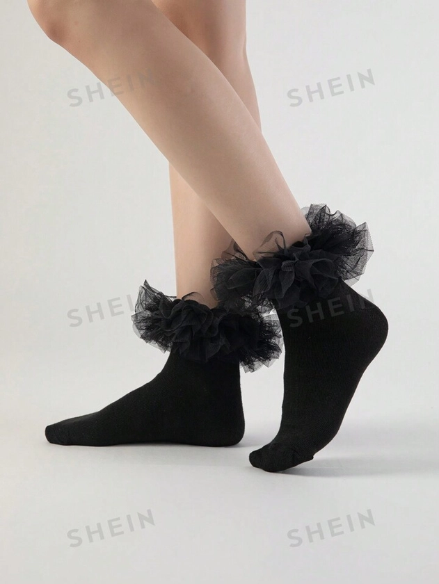 ROMWE Kawaii Calcetines de tripulación lindos con ribete de volantes de unicolor para uso diario para mujeres