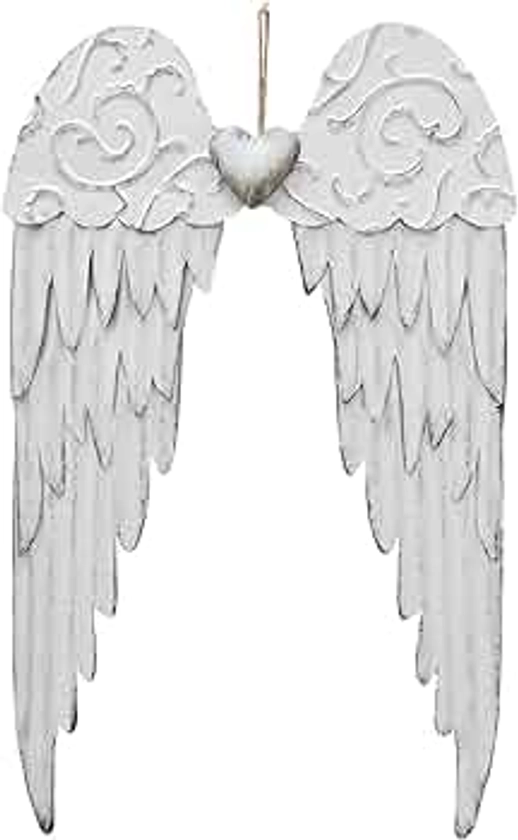 E-view Metal Angel Wings Plaques with Heart - Decorative Angel Wing Sculptures Hanging Wall Art Antique Decor for Home Bedroom (1 Piece)