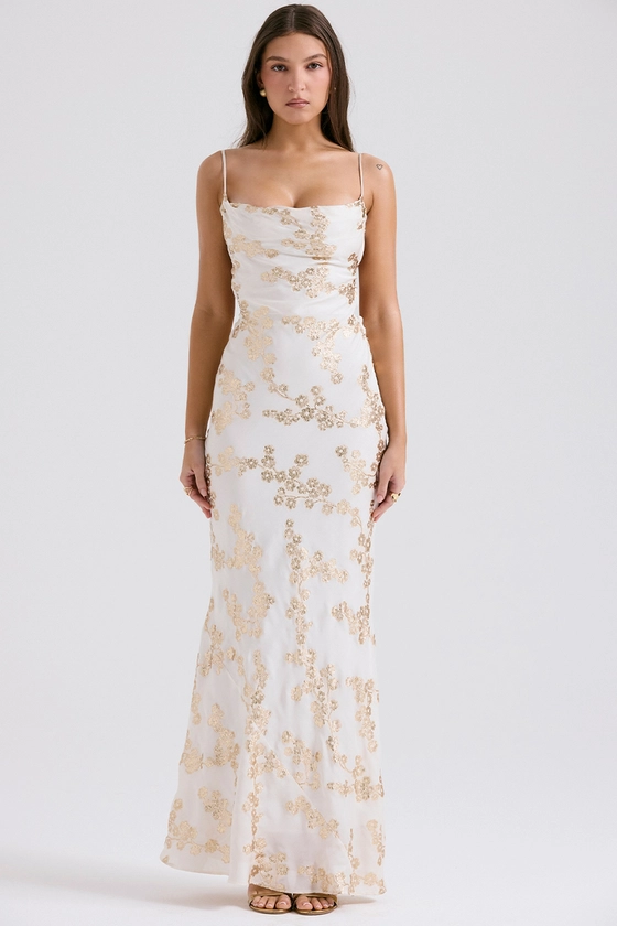 Clothing: Maxi Dresses: 'Capriana' White & Gold Jacquard Satin Gown