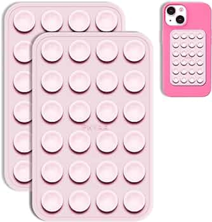 PKYAA 2 Pack Silicone Suction Phone Case Mount, Silicon Sticky Phone Grip, Adhesive Phone Accessory for Smartphones, Hands-Free Mirror Shower Phone Holder for Selfies, Tiktok Videos (Light Pink)