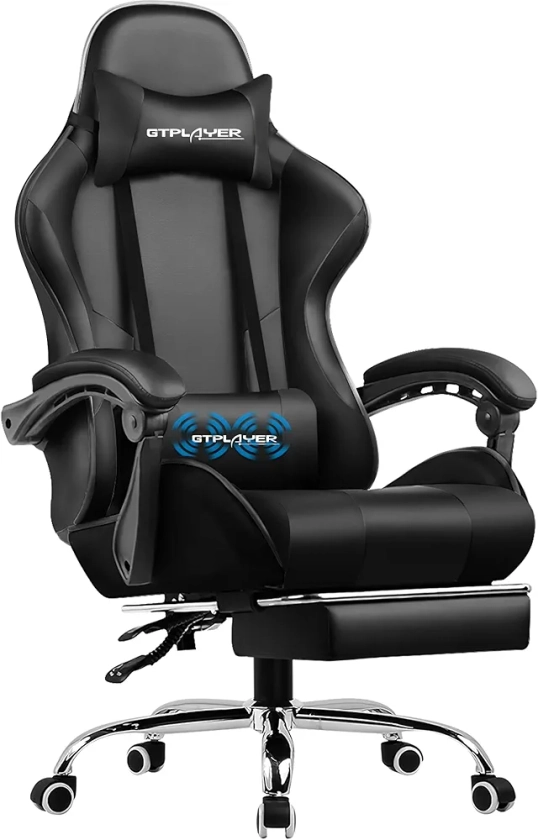 GTPLAYER Gaming Chair, Computer Chair with Footrest and Lumbar Support, Height Adjustable Game Chair with 360°-Swivel Seat and Headrest and for Office or Gaming (Faux Leather, Black)