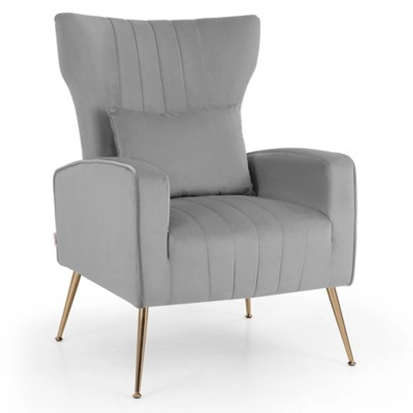 Costway Velvet Upholstered Wingback Chair with Lumbar Pillow & Golden Metal Legs Grey