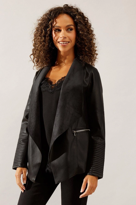 Black Faux Leather Waterfall Jacket