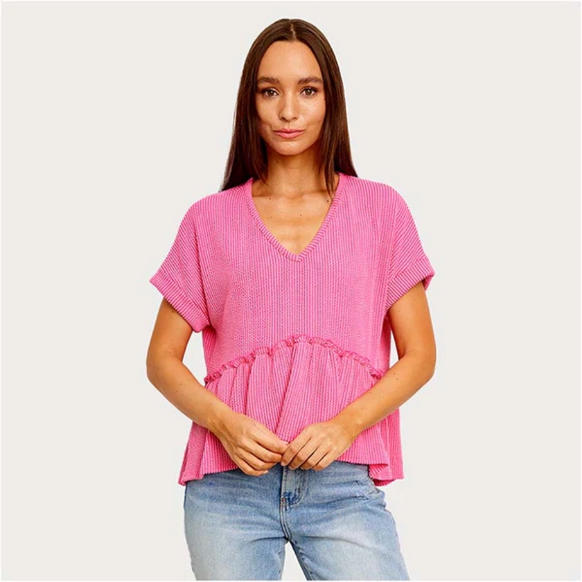 Short Sleeve Ribbed V-Neck Babydoll Top in Hot Pink