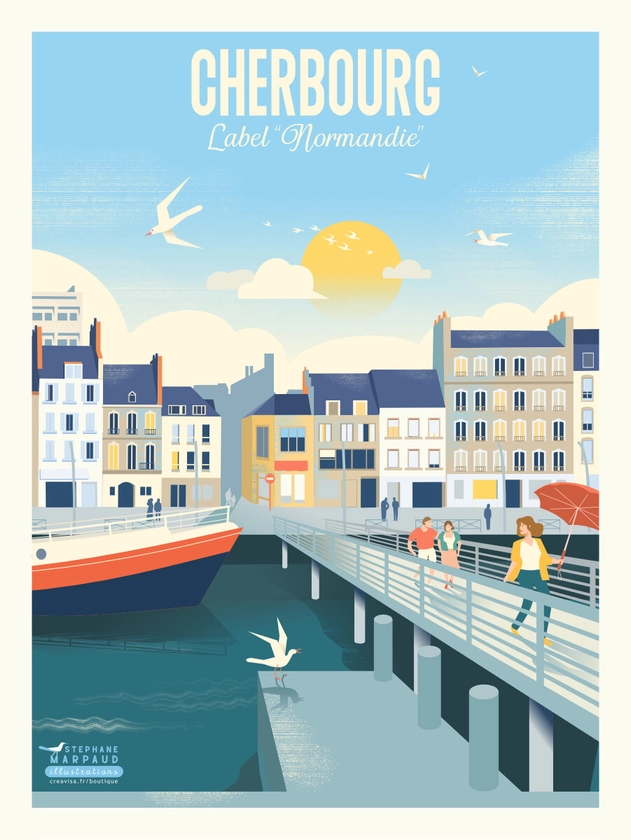 Affiche Cherbourg, Normandie – Illustration vintage du Studio Creavisa – Boutique – Affiches vintages, graphiste et illustrateur freelance en Pays de Loire, Bretagne, Normandie, France