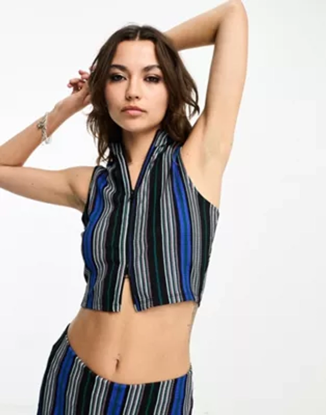 Only high neck cropped zip up top co-ord in multi stripe | ASOS