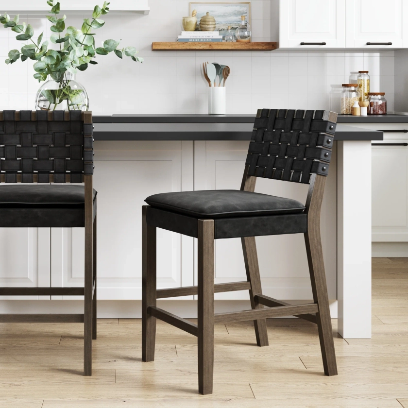 Faux Leather Woven Counter Stool Black