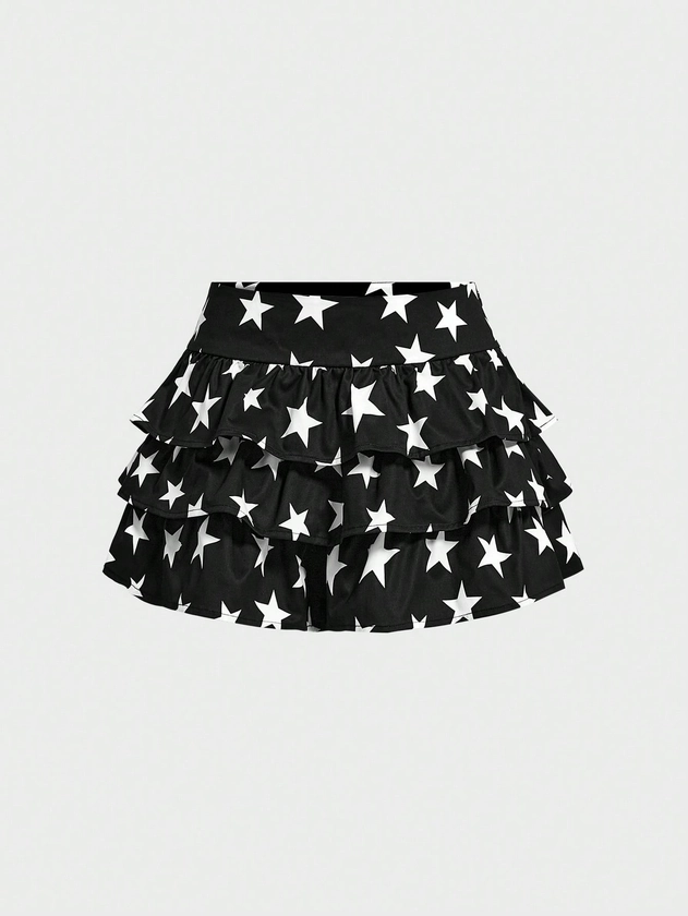 SHEINNeu 4th Of July USA Woman Star Print Black Mini Shorts