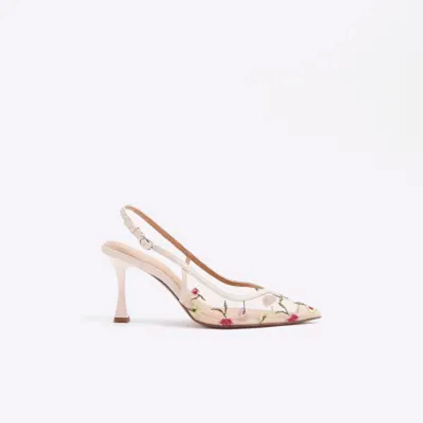 Pink embroidered floral heeled court shoes