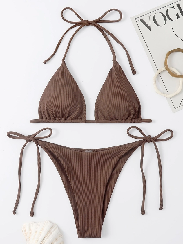 Rib Halter Triangle Tie Side Bikini Swimsuit