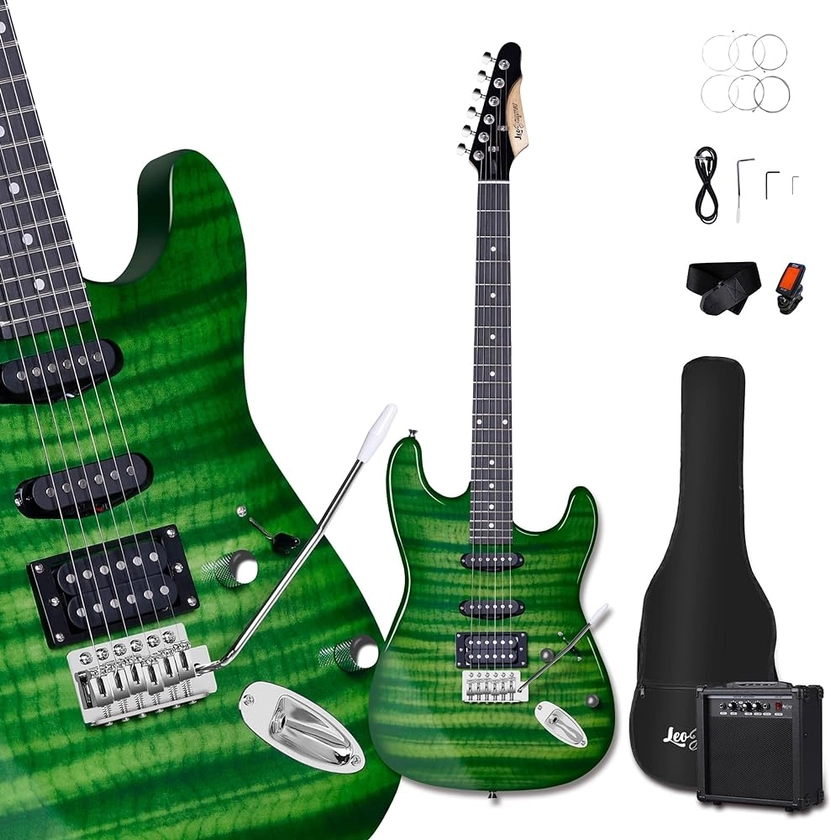 Leo Jaymz 39 pulgadas Kit de Guitarra Eléctrica,para principiantes de guitarra eléctrica Kit:amplificador de 20W,Afinador Digital,bolsa de concierto,correa de guitarra,cable de guitarra (Verde llama)