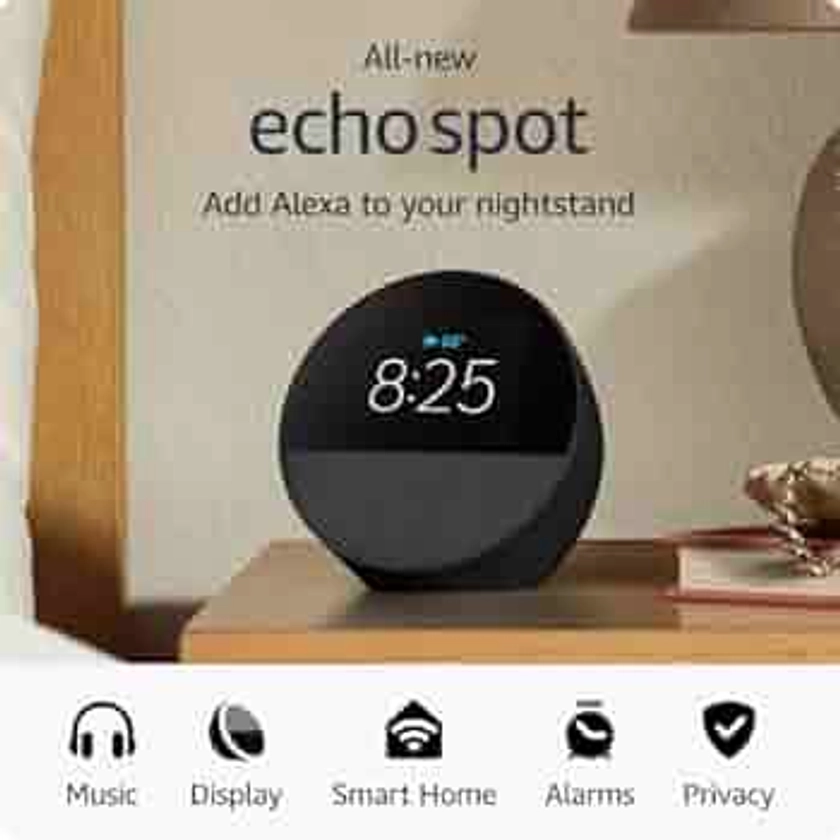 All-new Amazon Echo Spot (2024 release), Smart alarm clock with vibrant sound + Alexa, Black
