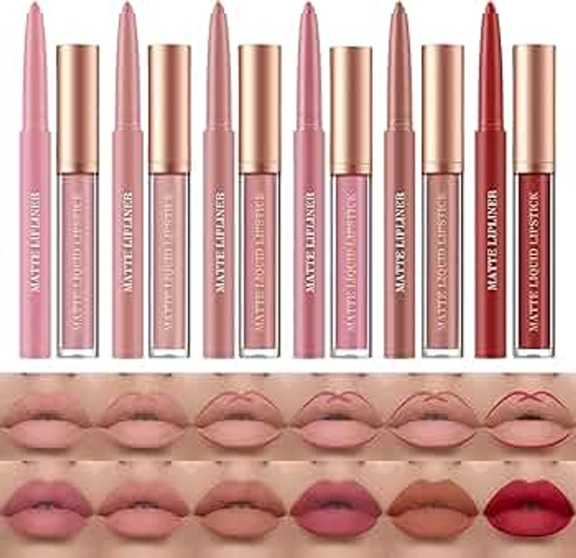 12 Pcs Liquid Lipstick Lipliner Set Nude Lipliner Matte Lipstick Long Lasting Non-Fading Waterproof Lip Glosses Makeup Set Gift For Women (Set C)