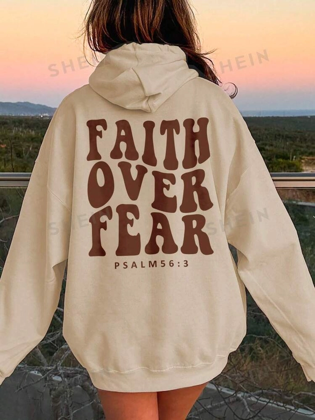 SHEIN EZwear Women's Hooded Sweatshirt With Slogan Print FAITH OVER FEAR