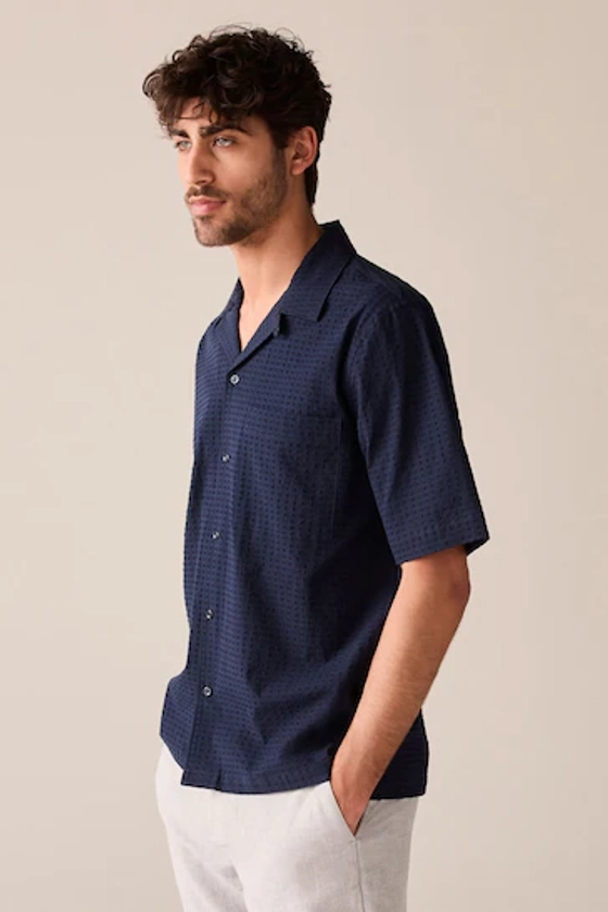 Buy Navy Blue Textured Short Sleeve Shirt With Cuban Collar from the Next UK online shop