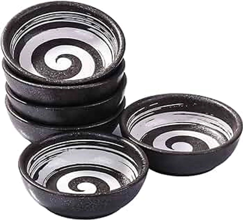 Japanese Porcelain Side Dish Bowl Seasoning Dishes 3.7 Inch Ceramic Dipping Sauce Dishes Dip Bowls, Appetizer Side Dishes for Sushi,Sauce, Party, Pinch Bowls Pack of 6 (Black)