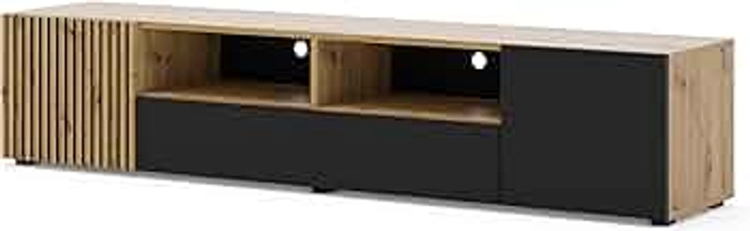 BIM Furniture Meuble TV AURIS 200 cm en panneau MDF avec lamelles avant en bois MDF Noir mat