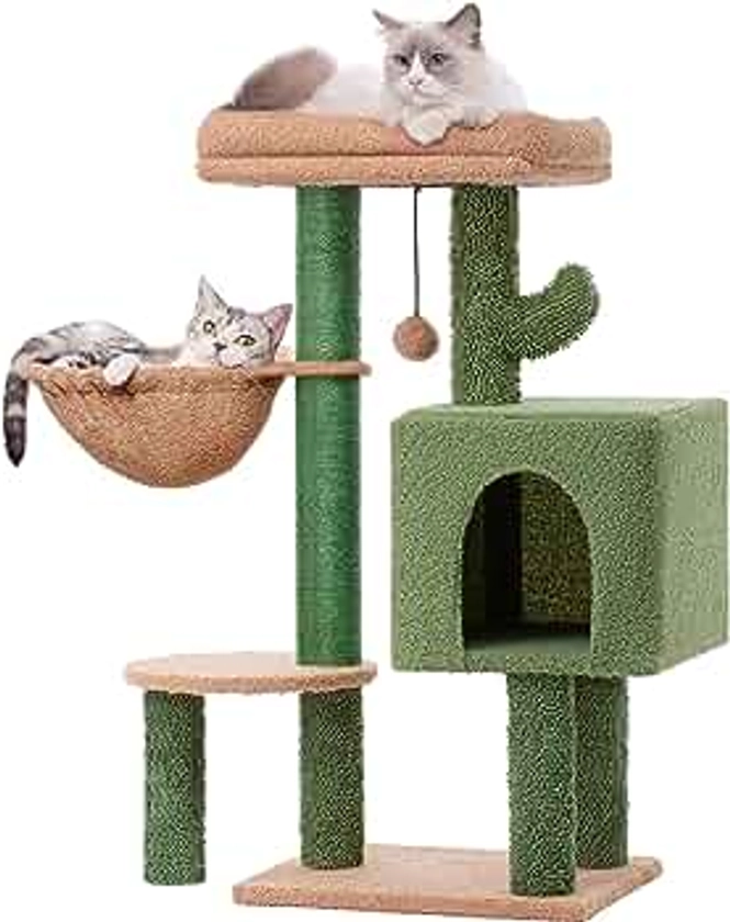 Cactus Cat Tree 34 Inches Cute Cat Tower with Padded Top Perch, Comfy Hammock, Private Condo, Fully Scratching Post and Dangling Bell Ball for Indoor Cats- Khaki