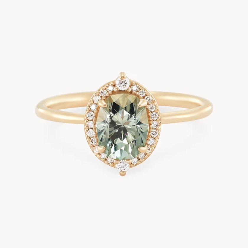light green 1.5 sapphire engagement ring with diamond halo