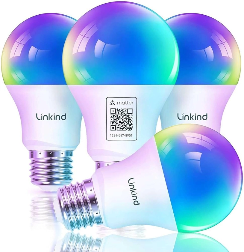 Linkind Ampoule Connectée Matter, Ampoule LED E27 Wifi Intelligente, Multicouleurs RGB &1800K-6500K, Dimmable, Compatible avec Alexa et Google Home, 9W équivalent 60W, Commande Vocale, 4 PCS