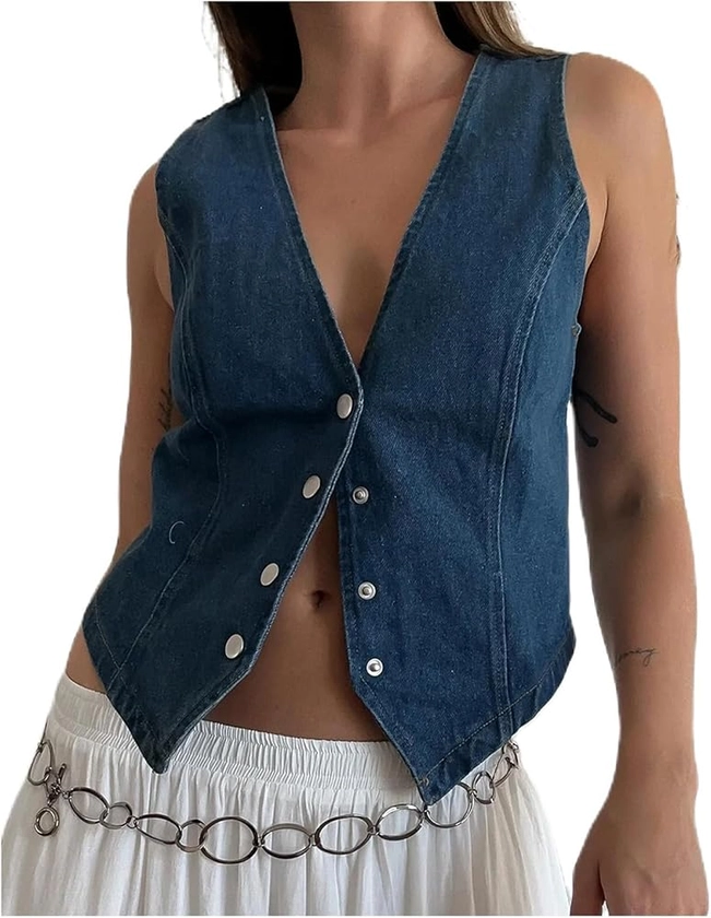 Women Y2K Button Down Denim Vest Sexy Sleeveless Denim Crop Top Low Cut Strapless Jean Corset Bustier Streetwear