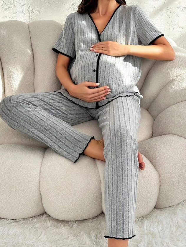 SHEIN Maternity Contrast Binding Button Front Ribbed Knit Sleep Set