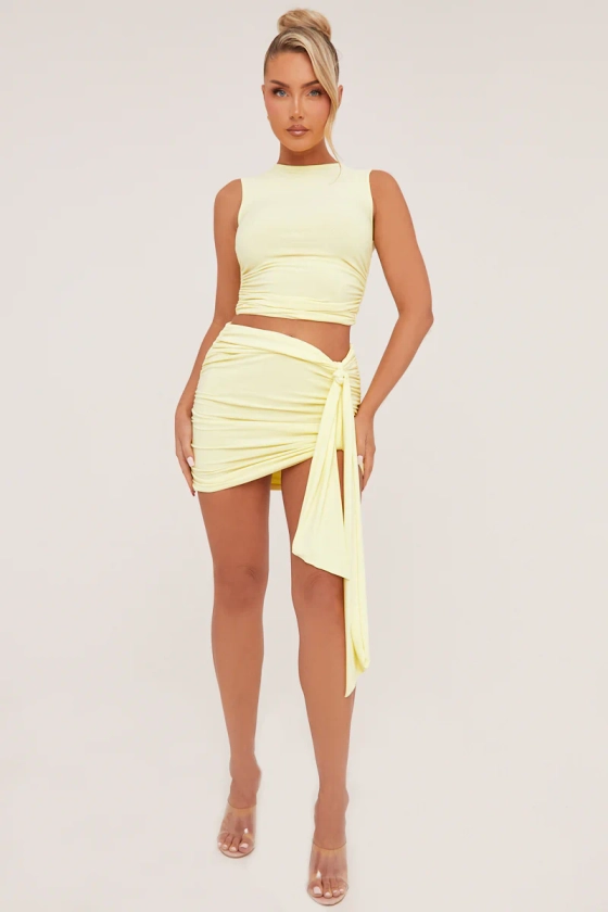 Yellow Ruched Sleeveless Cropped Top & Mini Skirt Co-ord Set - Hallie