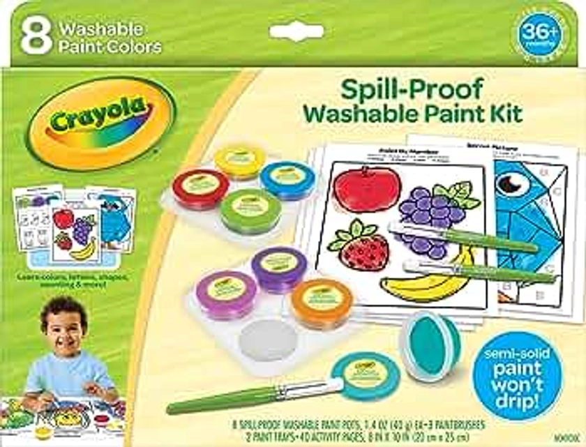 Crayola Spill Proof Paint Set (8ct), Washable Toddler Paint Kit, with Activity Pages, Kids Paint Brushes, Paint Pots, Ages 3+