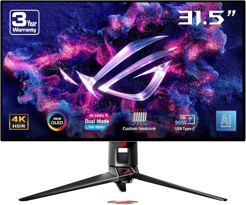 ASUS ROG Swift 32” 4K OLED Gaming Monitor (PG32UCDP) - WOLED, Dual Mode (4K 240Hz, FHD 480Hz), 0.03ms, G-SYNC Compatible, Custom Heatsink, AI Gaming, 99% DCI-P3,True 10-bit, USB-C 90W, 3yr Warranty