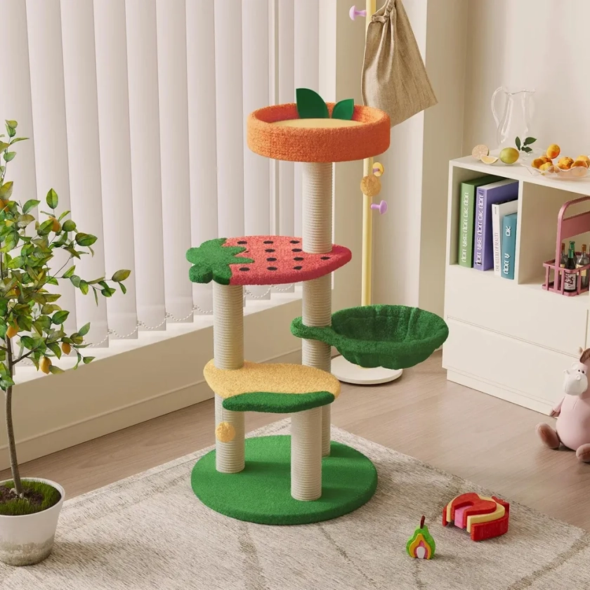 Happy & Polly Cute Cat Tree - Fruit World Cat Tower for Indoor Cats, 40.5" Large Cat Tree with Sisal Scratching Posts, Plush Strawberry Perches, Cozy Basket Small Cat Tree Tower Activity Center
