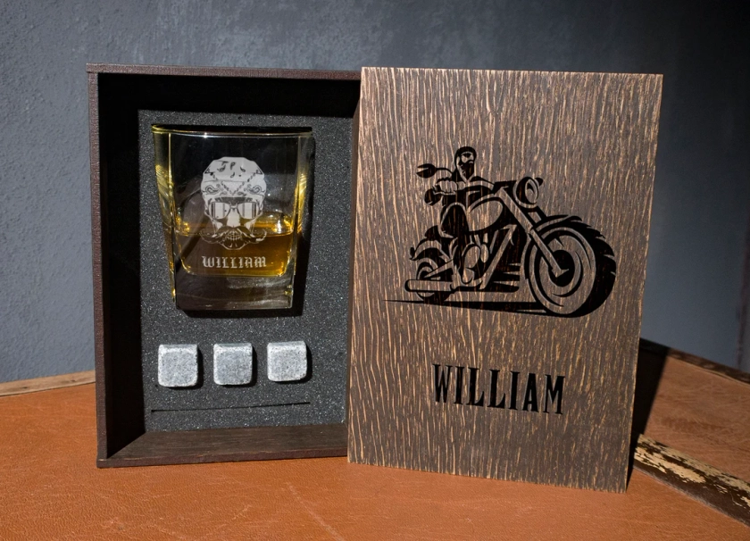 Personalized Motorcycle Whiskey Gift Set 119/1 Coaster and Glass and 3 Whiskey Stones in Personalized Wood Box. Biker Gifts for Men - Etsy Canada