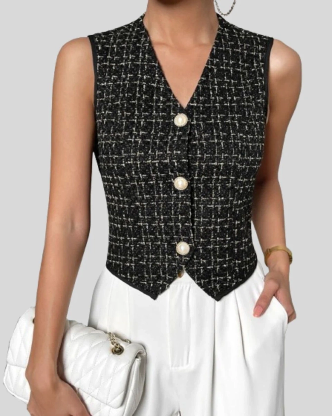 Women's Black V-Neck Buttoned Tweed Vest & Reviews - Black - Tops | RIHOAS