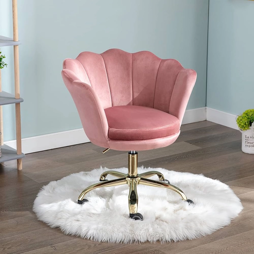 Wahson Velvet Home Office Chair Swivel Chair Height Adjustable Armless Task Chair with Gold Base,Desk Chair for Bedroom/Vanity (Pink, Velvet)