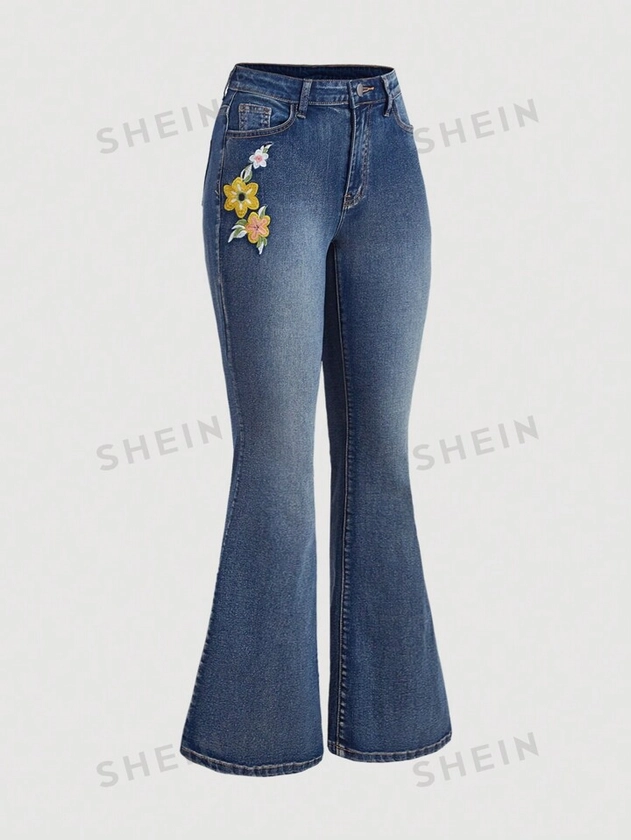 SHEIN MOD Women's Floral Embroidery Bell-Bottom Casual Versatile Jeans