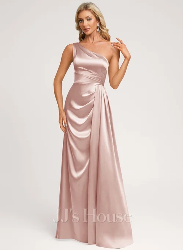 [US$ 99.00] A-line One Shoulder Floor-Length Stretch Satin Bridesmaid Dress With Ruffle (007298042)