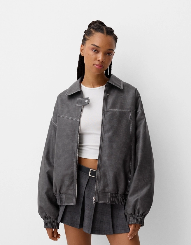 Blouson oversize similicuir broderie