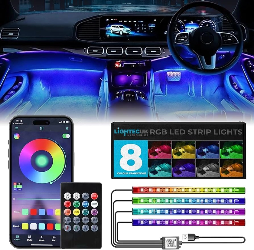 LightecUK Interior Footwell LED Strip Lights - Includes Smartphone App | Wireless Bluetooth Remote Control | Sound & Music Activated | Car USB Connectivity | Million+ Ambient RGB Colours | UK Brand