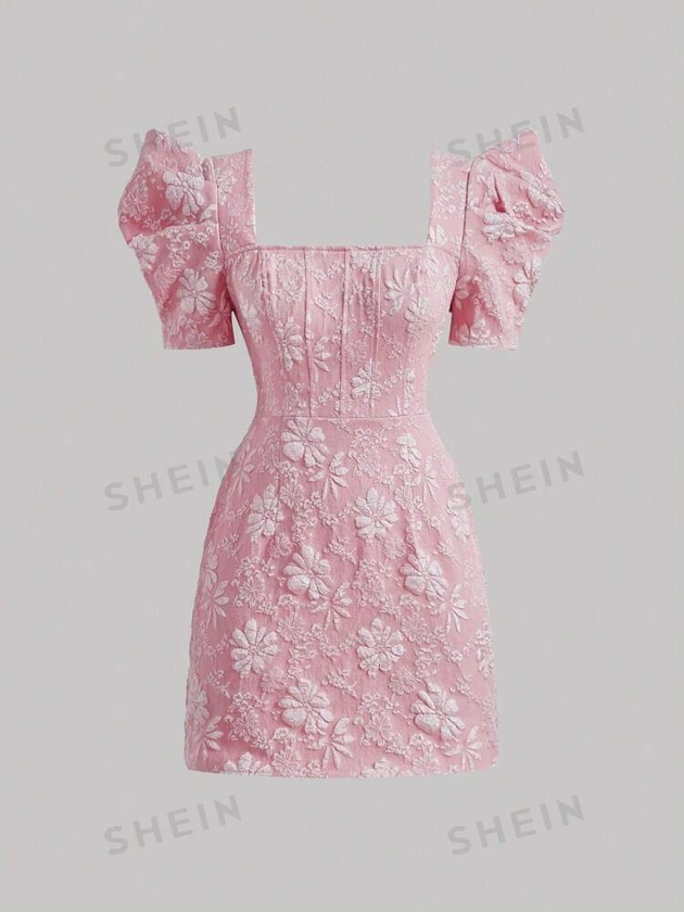 SHEIN MOD Floral Jacquard Square Neck Puff Sleeve Pink Date Night Dress