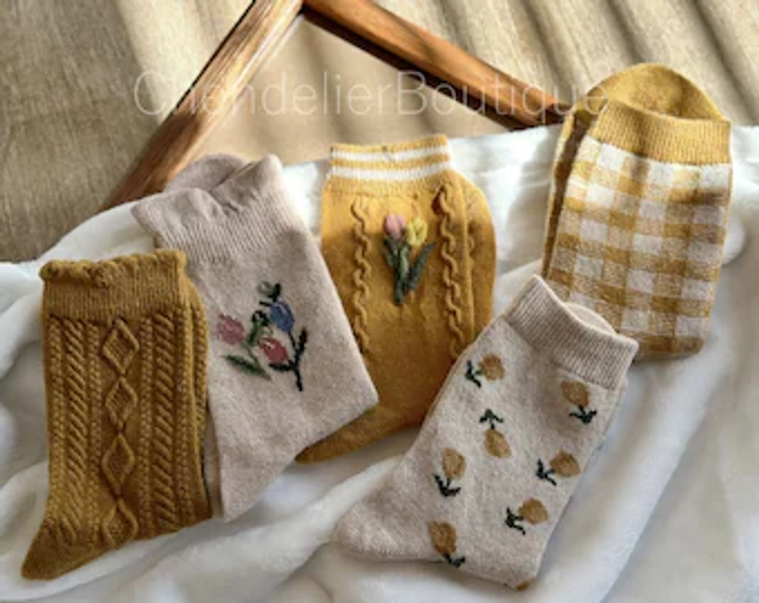 Jolies chaussettes chaudes à fleurs en laine, Chaussettes chaudes rétro décontractées en coton, Chaussettes fantaisie à carreaux, Idée cadeau géniale, Chaussettes de Noël