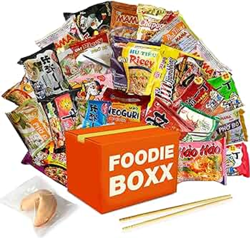 FOODIE BOXX Asian Instant Ramen Noodles Variety Pack with Cookies & Chopsticks (Original)