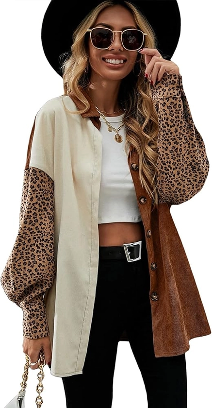 MakeMeChic Women's Corduroy Shacket Jacket Color Block Leopard Long Sleeve Shirt Coat