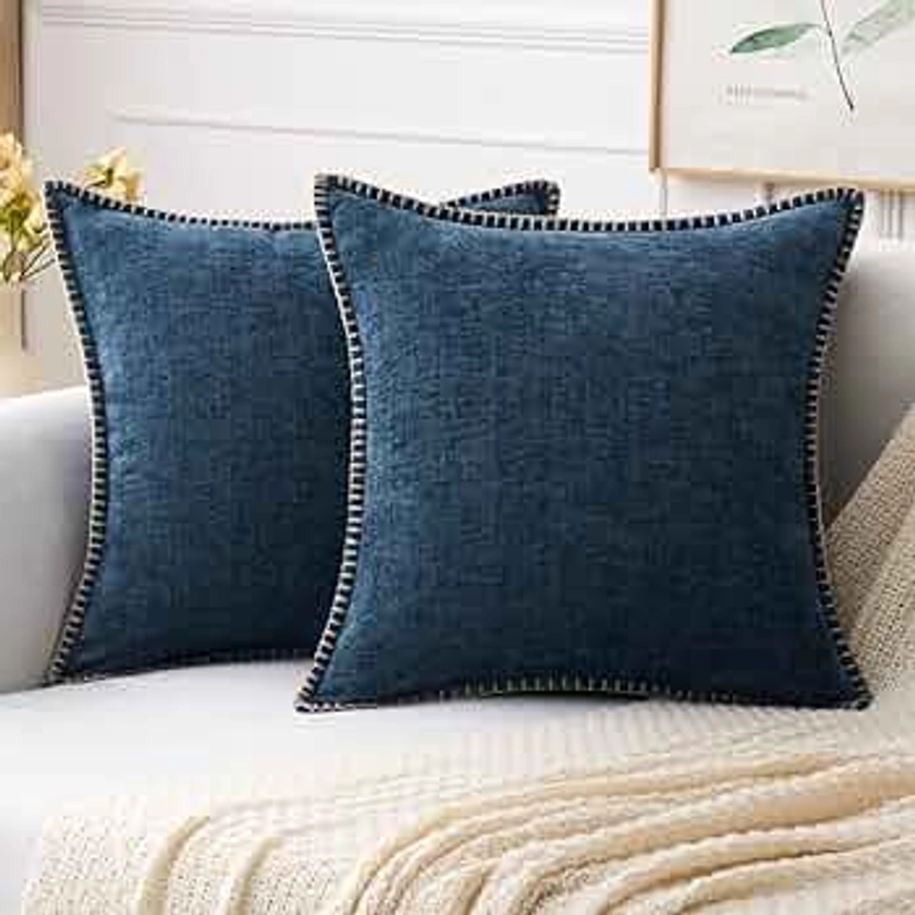MIULEE Pack of 2 Couch Throw Pillow Covers 18x18 Inch Navy Blue Farmhouse Decorative Pillow Covers with Stitched Edge Soft Chenille Solid Dyed Spring Pillow Covers for Sofa Bed Living Room