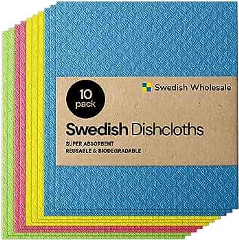 Swedish Dishcloth Cellulose Sponge Cloths – Bulk 10 Pack of Eco-Friendly No Odor Reusable Cleaning Cloths for Kitchen – Absorbent Dish Cloth Hand Towel (10 Dishcloths – Assorted)