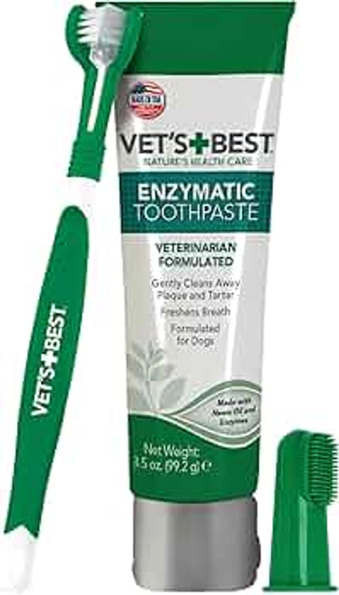 Vet's Best Dog Toothbrush & Enzymatic Toothpaste Kit - Teeth Cleaning - Made with Natural Ingredients - Reduces Plaque, Whitens Teeth, Freshens Breath - Bonus Care Guide & Finger Brush Included