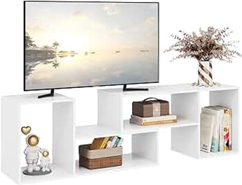 DEVAISE Flat Screen TV Stand for 43 45 55 inch TV, Modern Entertainment Center with Storage Shelves, Media Console Bookshelf for Living Room, White