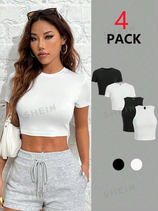 SHEIN PETITE 4pcs Black & White Casual Tank Tops And Short-Sleeve Tight-Fitting T-Shirts For Women